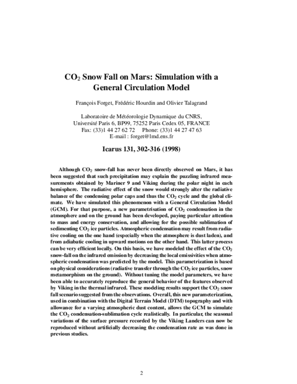 (PDF) CO2Snowfall on Mars: Simulation with a General Circulation Model
