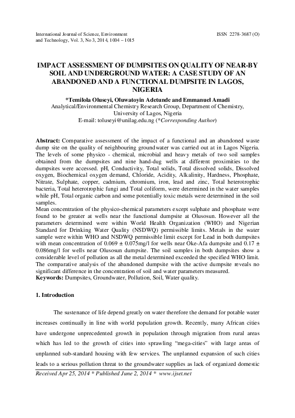 (PDF) Impact Assessment of Dumpsites on Quality of Near-By Soil and ...