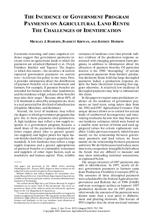 (PDF) The Incidence of Government Program Payments on Agricultural Land ...
