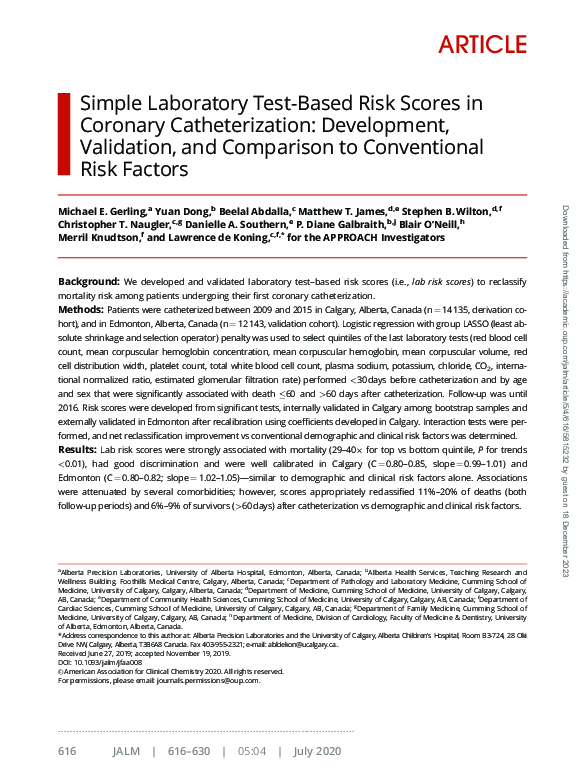 (PDF) Simple Laboratory Test-Based Risk Scores in Coronary ...