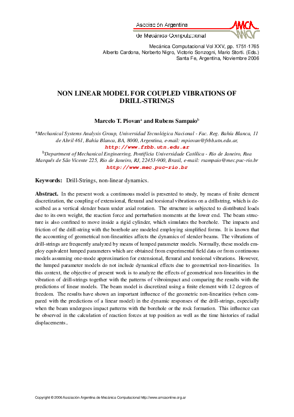 (PDF) Non Linear Model for Coupled Vibrations of Drill-Strings