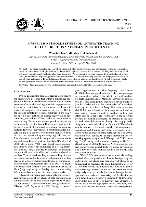 (PDF) A Wireless Network System for Automated Tracking of Construction ...