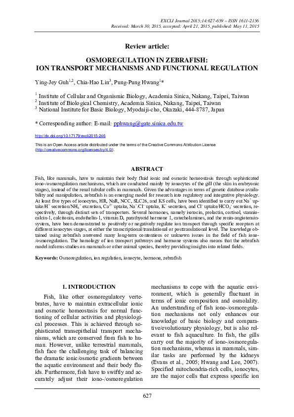 (PDF) Osmoregulation in zebrafish: ion transport mechanisms and ...