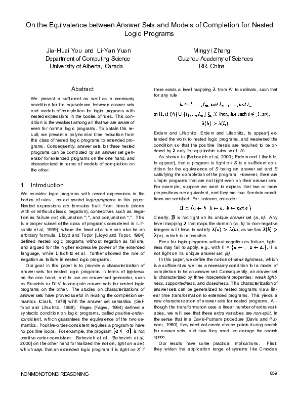 (PDF) On the equivalence between answer sets and models of completion ...