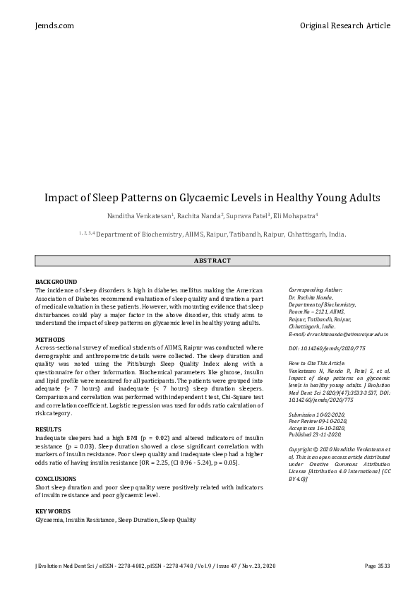 (PDF) Impact of Sleep Patterns on Glycaemic Levels in Healthy Young Adults