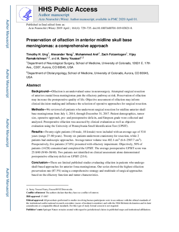 (PDF) Preservation of olfaction in anterior midline skull base ...