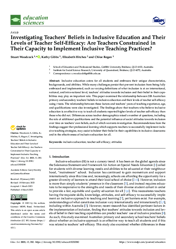 (PDF) Investigating Teachers’ Beliefs in Inclusive Education and Their ...