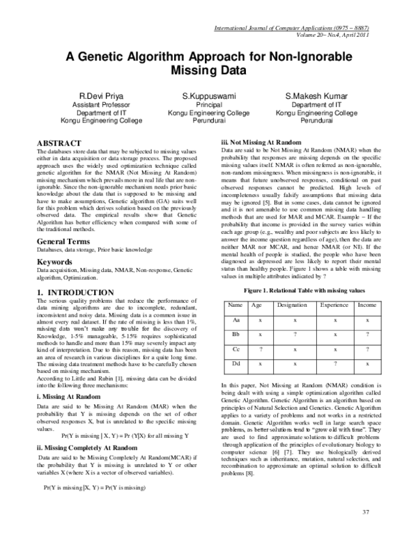 (PDF) A Genetic Algorithm Approach for NonIgnorable Missing Data