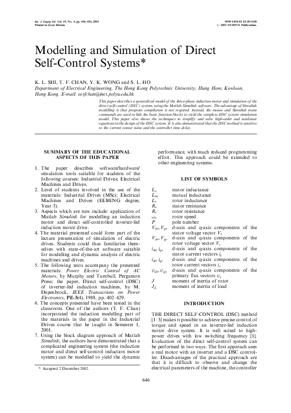 (PDF) Modelling and simulation of direct self-control systems