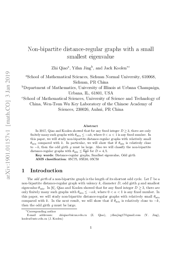 (PDF) Non-bipartite distance-regular graphs with a small smallest ...
