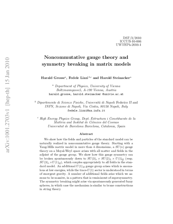 (PDF) Noncommutative gauge theory and symmetry breaking in matrix models