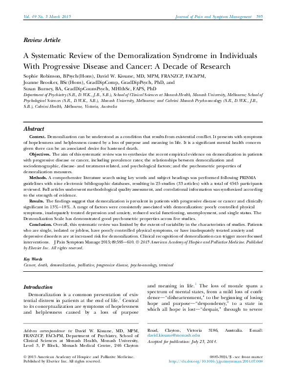 (PDF) A Systematic Review of the Demoralization Syndrome in Individuals ...