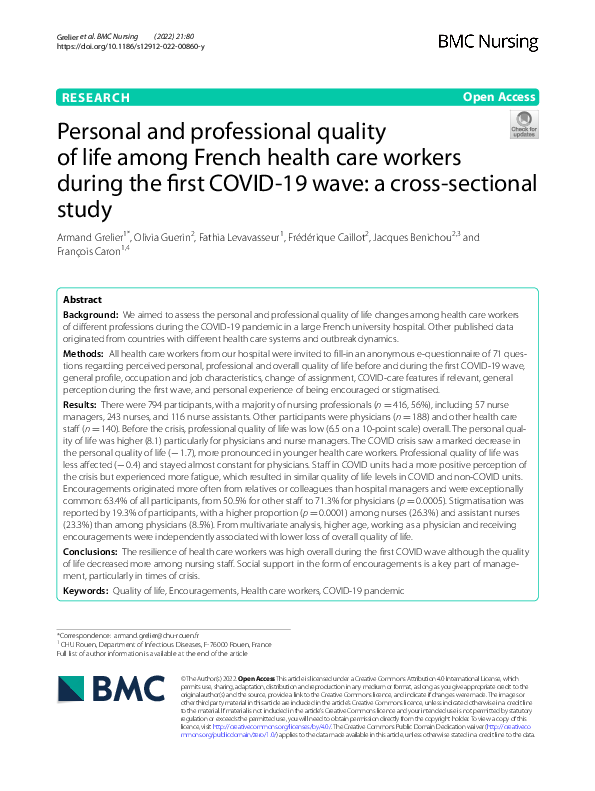 (PDF) Personal and professional quality of life among French health ...