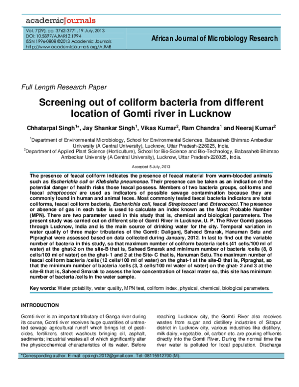 (PDF) Screening out of coliform bacteria from different location of ...