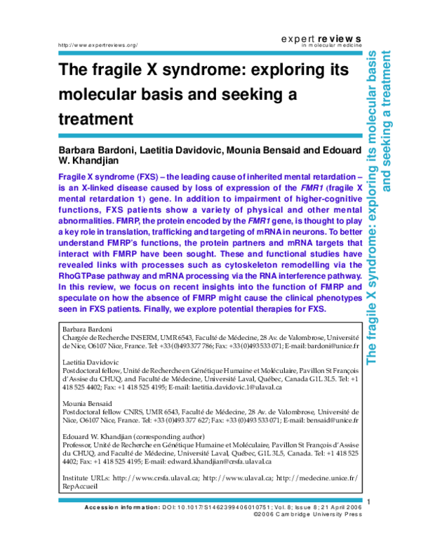 (PDF) The fragile X syndrome: exploring its molecular basis and seeking ...