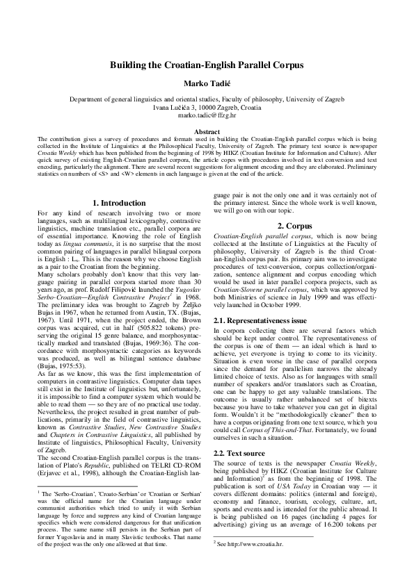(PDF) Building the Croatian-English Parallel Corpus