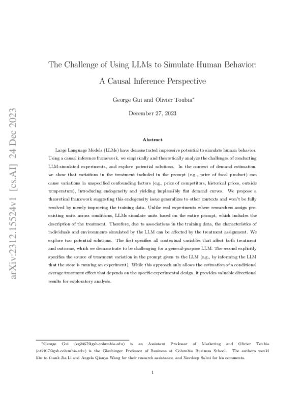 (PDF) The Challenge of Using LLMs to Simulate Human Behavior: A Causal ...