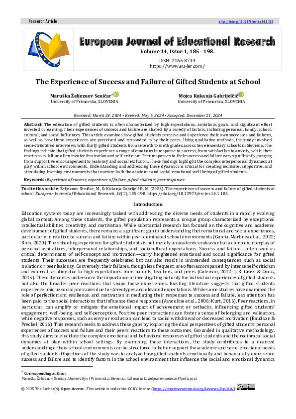 (PDF) The Experience of Success and Failure of Gifted Students at School