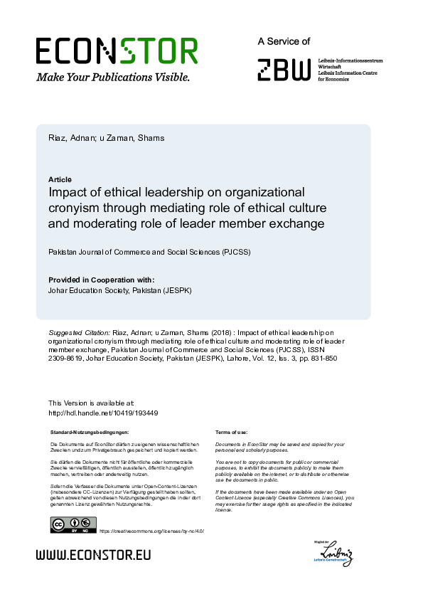 (PDF) Impact of ethical leadership on organizational cronyism through ...