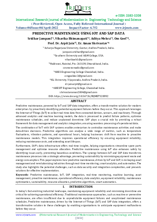 (PDF) PREDICTIVE MAINTENANCE USING IOT AND SAP DATA