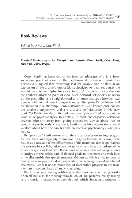 (PDF) Owen Renik: Practical Psychoanalysis for Therapists and Patients