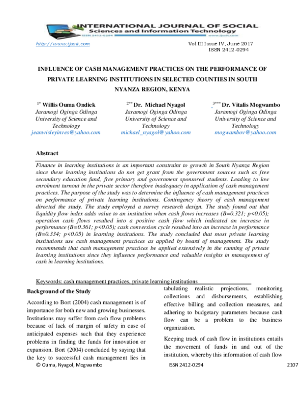 (PDF) Influence of Cash Management Practices on the Performance of ...