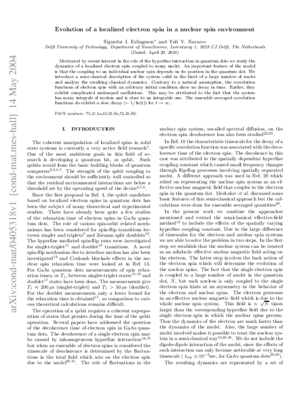 (PDF) Evolution of localized electron spin in a nuclear spin environment