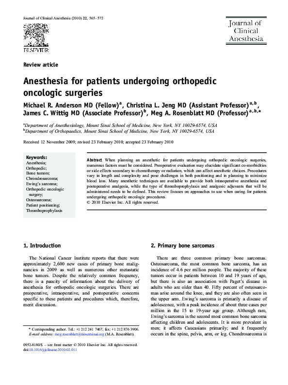 (PDF) Anesthesia for patients undergoing orthopedic oncologic surgeries
