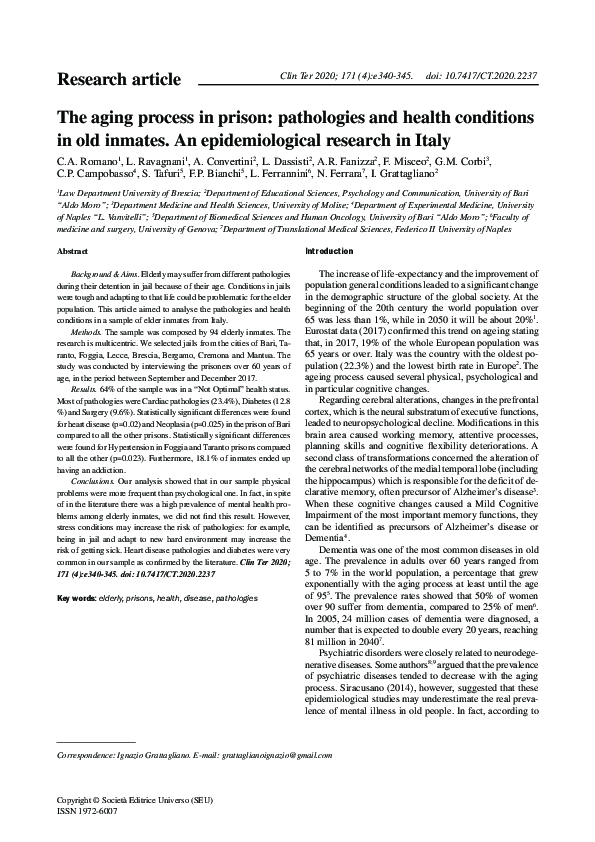 (PDF) The aging process in prison: pathologies and health conditions in ...