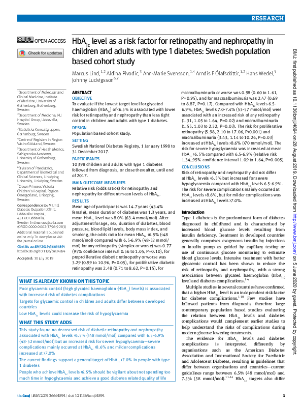 (PDF) HbA 1c level as a risk factor for retinopathy and nephropathy in ...