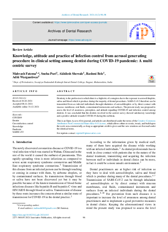 (PDF) Knowledge, attitude and practice of infection control from ...