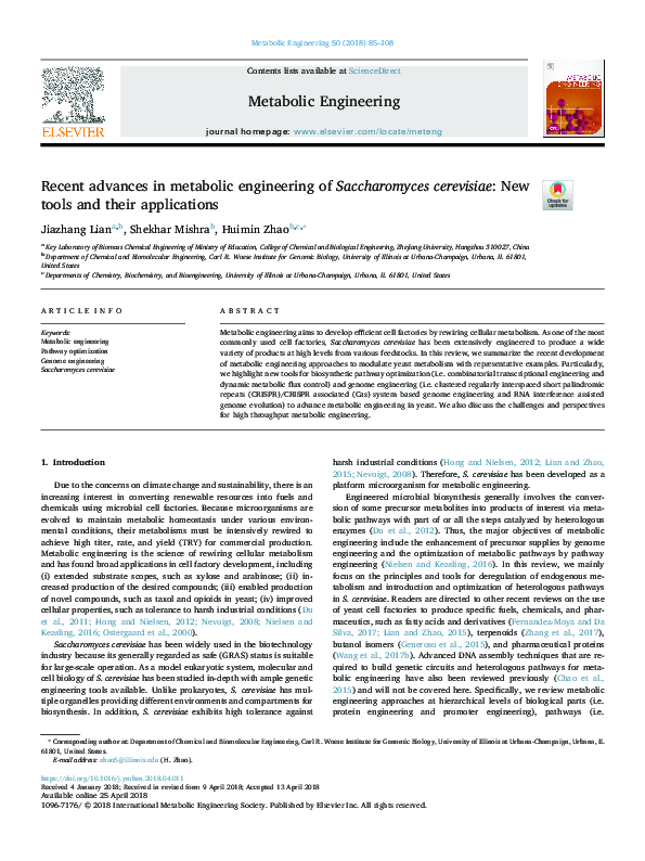 (PDF) Recent advances in metabolic engineering of Saccharomyces ...