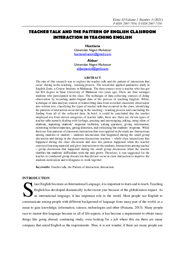 (PDF) Teacher Talk and the Pattern of English Classroom Interaction in ...
