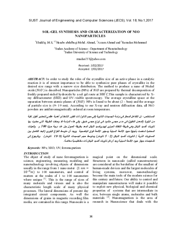 (PDF) Sol-Gel Synthesis and Characterization of Nio Nanoparticles