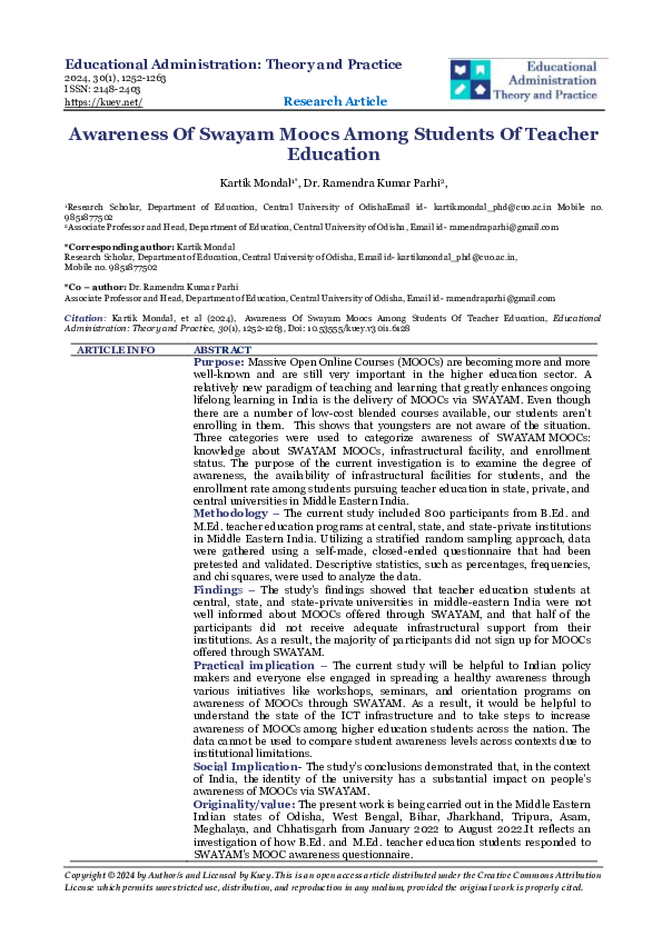 (PDF) Awareness Of Swayam Moocs Among Students Of Teacher Education
