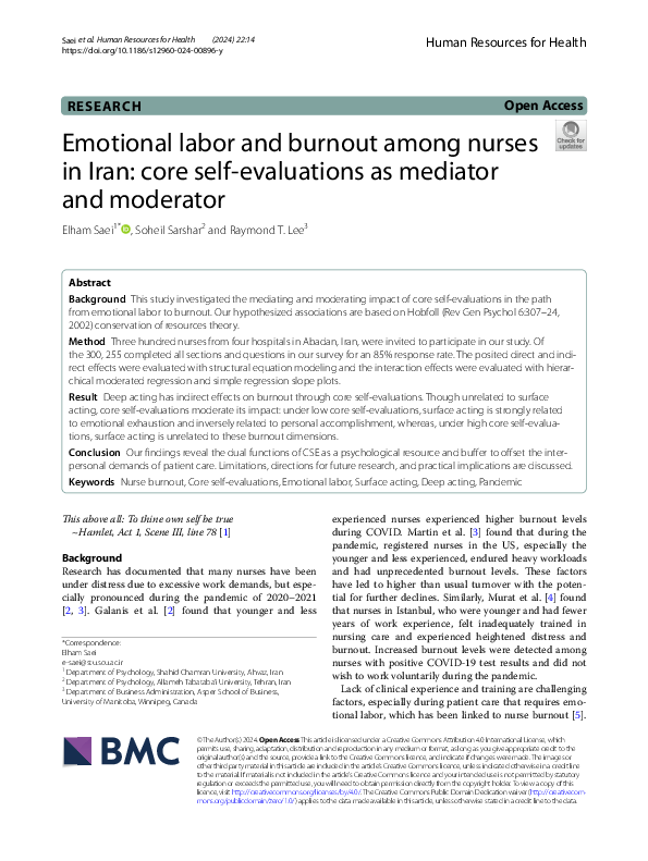 (PDF) Emotional labor and burnout among nurses in Iran: core self ...