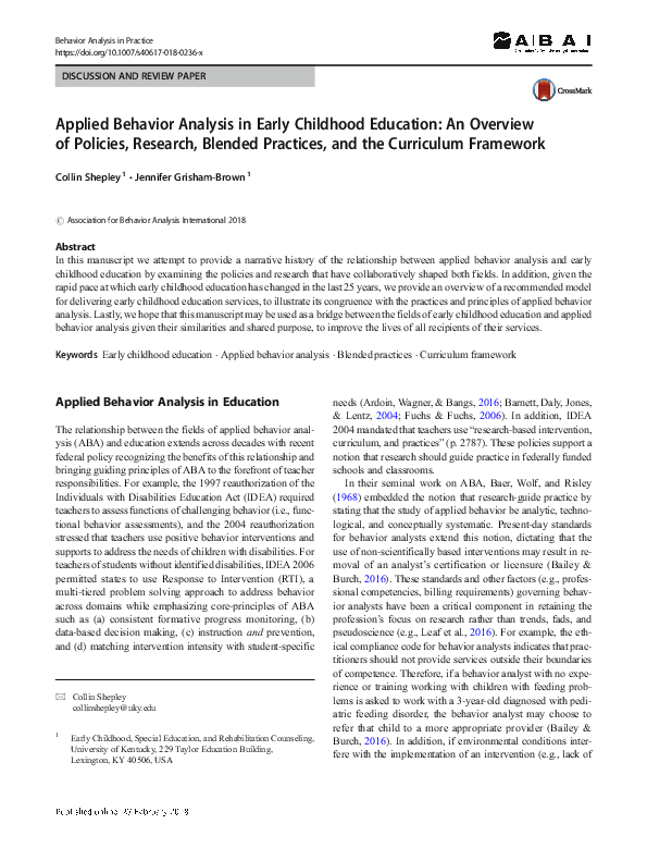 (PDF) Applied Behavior Analysis in Early Childhood Education: An ...