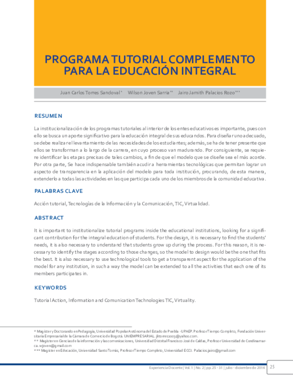 (PDF) Programa Tutorial Complemento Para La Educación Integral
