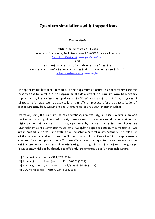 (PDF) Quantum simulations with trapped ions