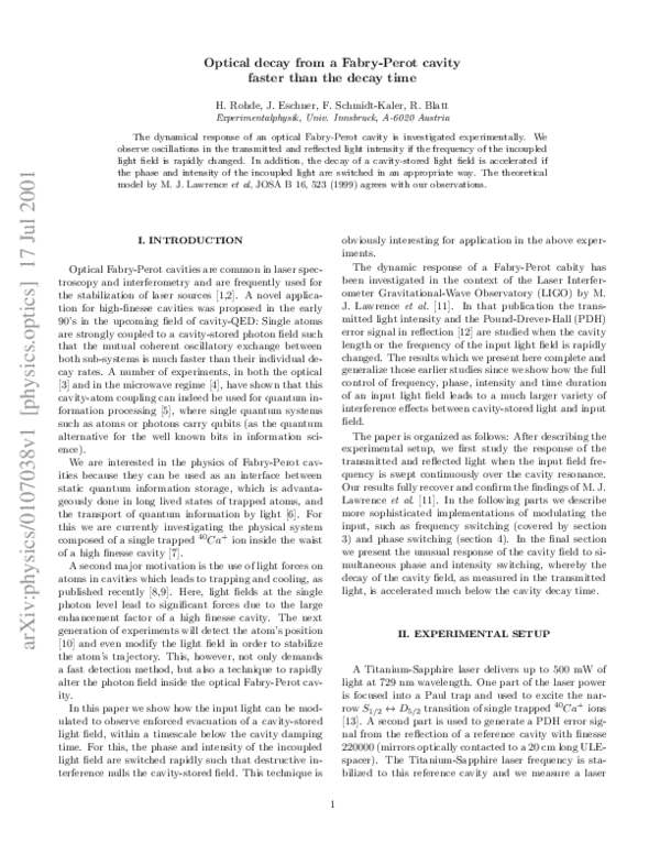 (PDF) Optical decay from a Fabry–Perot cavity faster than the decay time