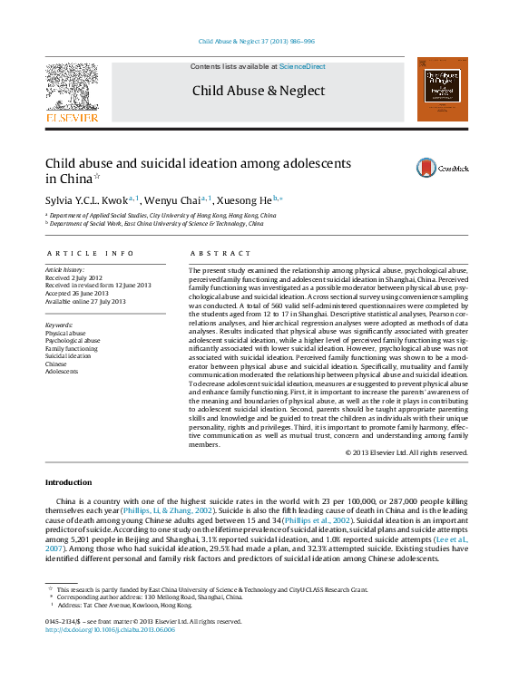 (PDF) Child abuse and suicidal ideation among adolescents in China