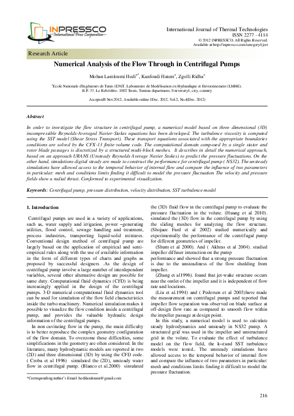 (PDF) Numerical Analysis of the Flow Through in Centrifugal Pumps