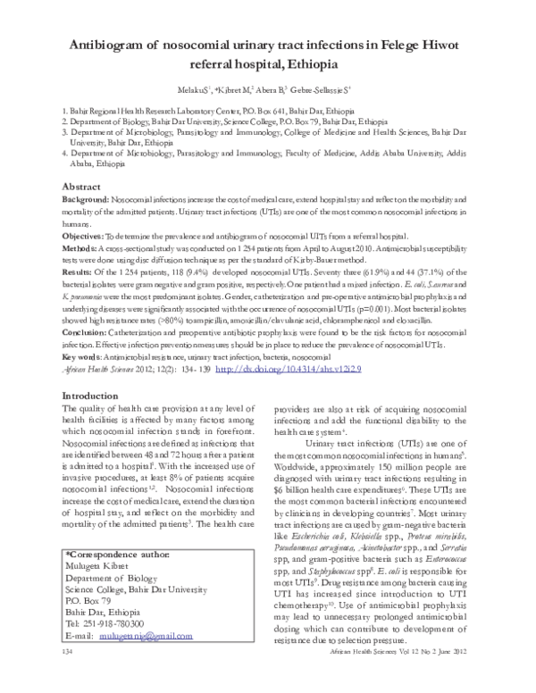 (PDF) Antibiogram of nosocomial urinary tract infections in Felege ...