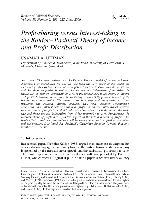 (PDF) Profit-sharing versus interest-taking in the Kaldor–Pasinetti ...