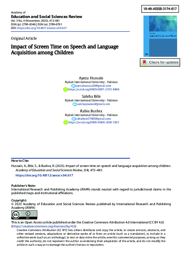 (PDF) Impact of Screen Time on Speech and Language Acquisition among ...