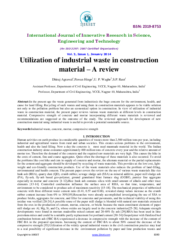(PDF) Utilization of industrial waste in constructionmaterial A review