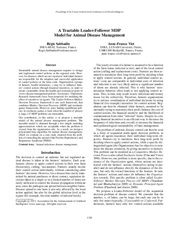 (PDF) A Tractable Leader-Follower MDP Model for Animal Disease Management