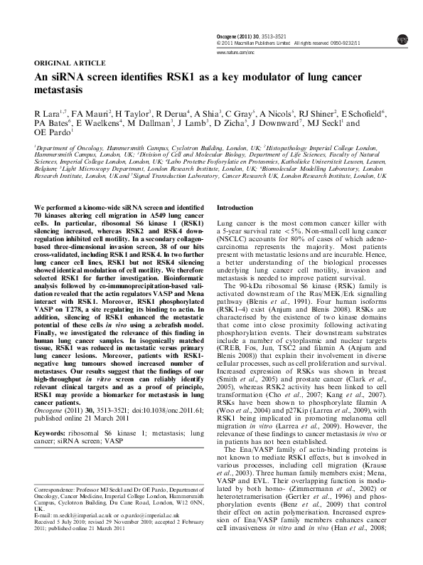 (PDF) An siRNA screen identifies RSK1 as a key modulator of lung cancer ...