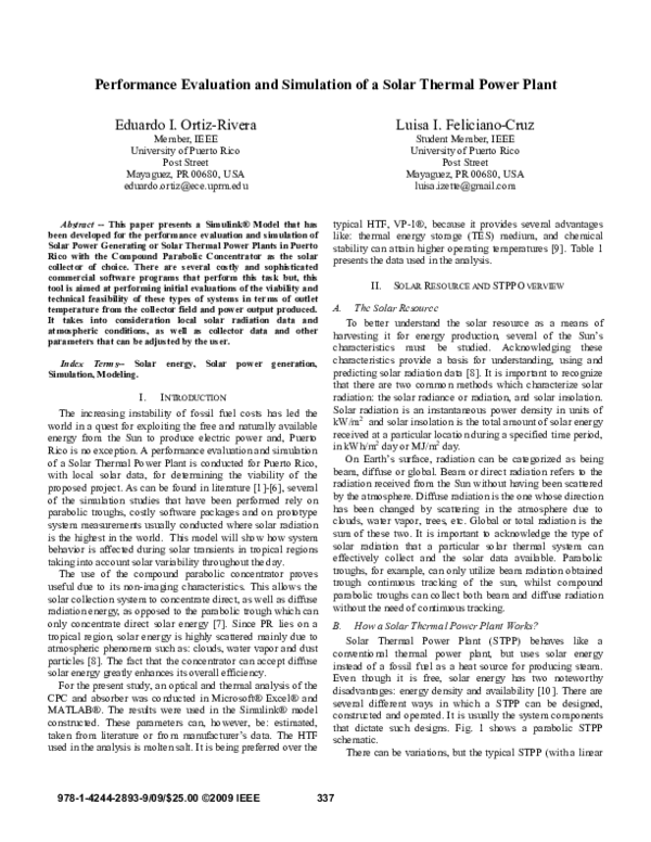 (PDF) Performance evaluation and simulation of a solar thermal power plant