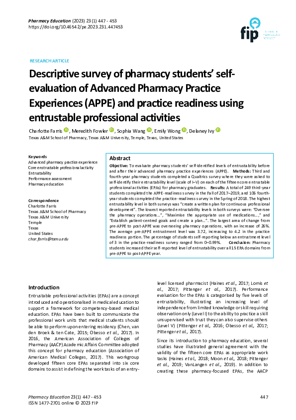 (PDF) Descriptive survey of pharmacy students’ self-evaluation of ...